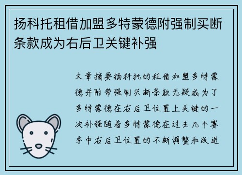 扬科托租借加盟多特蒙德附强制买断条款成为右后卫关键补强 扬科托租借加盟多特蒙德附强制买断条款成为右后卫关键补强